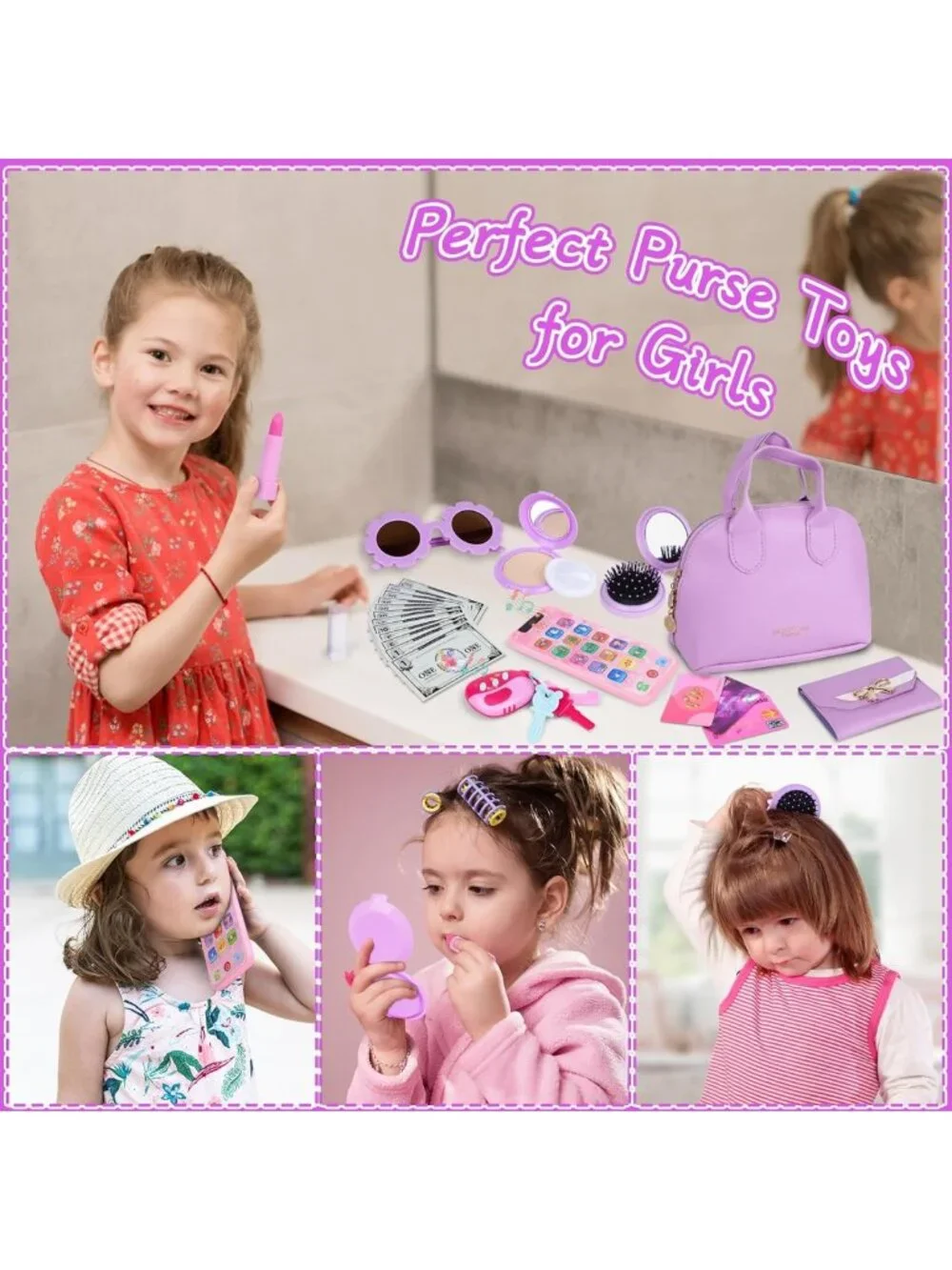 Adorable Purple Play Purse Set for Girls 3-5 | Pretend Handbag with Accessories